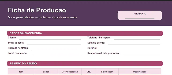 Ficha de produção por encomenda em funcionamento