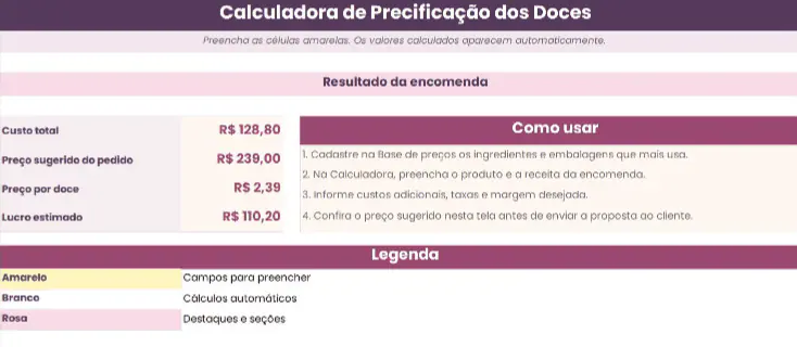 Calculadora de Precificação dos Doces em funcionamento